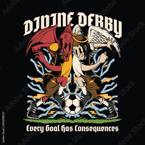 Angel vs Demon Playing Soccer Retro Cartoon Emblem