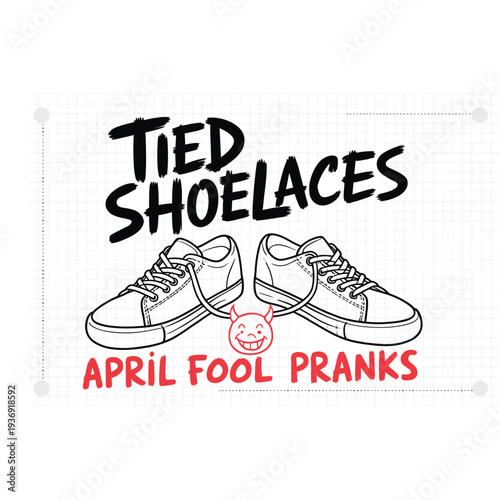 Tied shoelaces prank for April Fool's Day with devil emoji