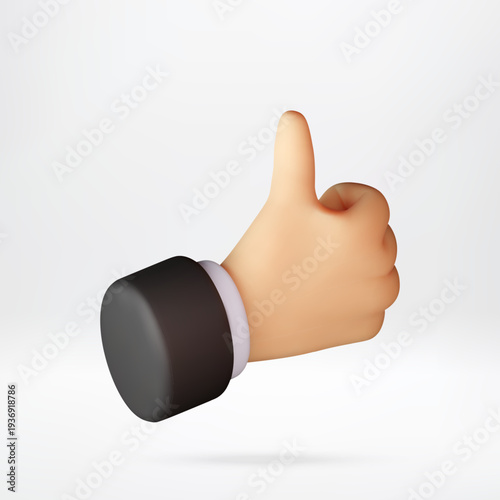 3D illustration of hand gesture showing thumb up. Business concept with hand in formal suit sleeve expressing agreement, success or like. Vector illustration