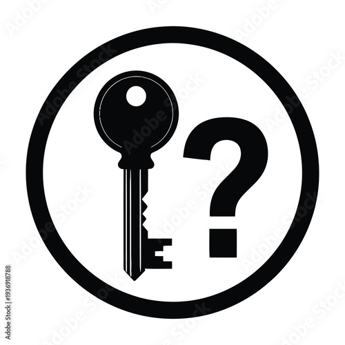Mysterious black and white graphic symbolizes unlocking secrets with a key and question mark inside a bold circular frame for creative branding and conceptual design projects