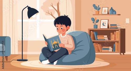 Young Muslim boy peacefully reading the Quran in a cozy living room, symbolizing religious education, spiritual growth, and cultural learning at home.