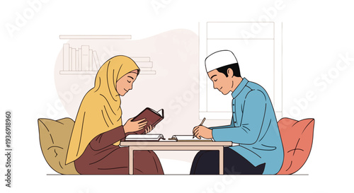 Young Muslim man and woman diligently studying together, reading books and taking notes, representing education, knowledge, and religious learning in a peaceful home setting.
