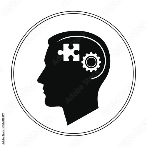 Creative silhouette profile head showcasing innovative thinking with puzzle pieces and gear symbols integrated into the brain area for modern problem solving and mental growth concepts