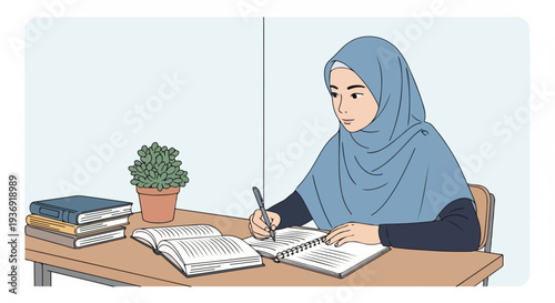 Young Muslim woman in hijab diligently studying at a desk, writing notes in a notebook with books and a plant beside her, focused on education and learning.