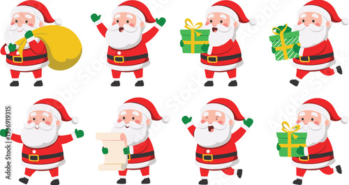 Cute Santa Claus character collection with gifts, sack and list, Christmas holiday cartoon mascot set for festive greeting cards, stickers, decorations and winter design