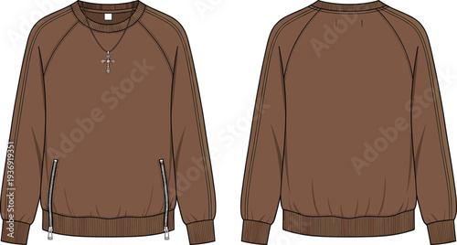Brown crewneck sweatshirt technical flat vector, front and back view, raglan sleeve pullover with zipper pockets, fashion mockup illustration design