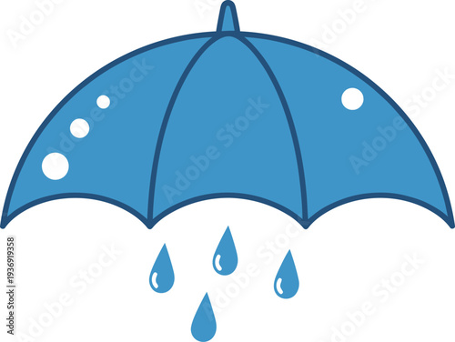 Simple blue cartoon umbrella illustration protecting against falling raindrops during a sudden weather event