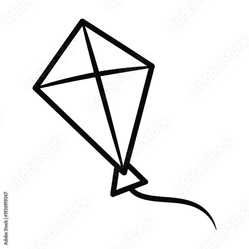 Minimalist kite drawing with bold black lines and a flowing tail isolated on a clean white background
