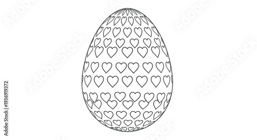Black and white outline drawing of an Easter egg decorated entirely with repeating heart shapes for coloring books