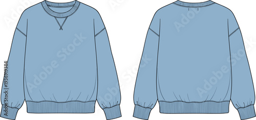 Blue oversized sweatshirt mockup, front and back view crewneck pullover template isolated on white background vector illustration
