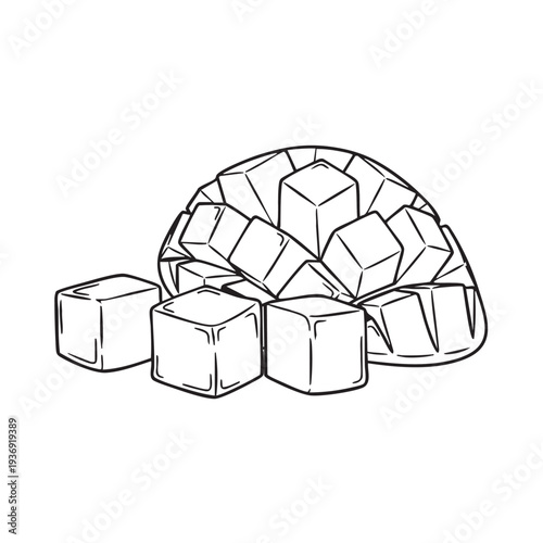 Cubed mango illustration, tropical fruit pieces, healthy food, natural organic, sweet refreshment, detailed line art, isolated on white background, summer vibes, exotic snack, deliciousness