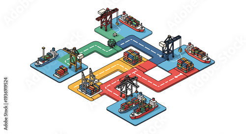 Interconnected Industrial Plant Network With Pipelines and Machinery. Vector Illustrations. EPS Editable