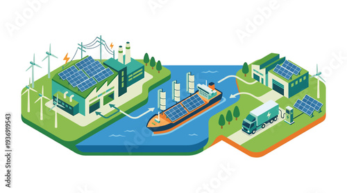 Isometric Eco City With Solar Wind Power And Green Transport. Vector Illustrations. EPS Editable