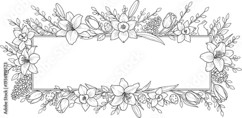 Beautiful rectangular outline frame adorned with spring flowers, pussy willow branches, Easter eggs, and a subtle bunny drawing, perfect for coloring activities.