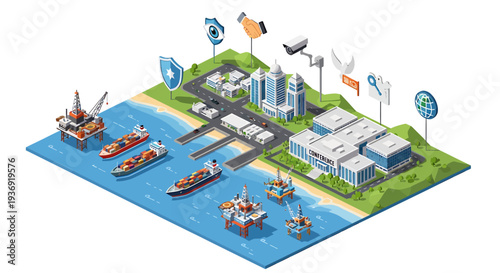 Isometric Harbor City Development and Shipping. Vector Illustrations. EPS Editable