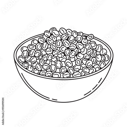 Bowl of lentils, healthy pulse seeds, natural food ingredient, organic protein source, simple vector illustration, clean line art sketch, kitchen staple, nutritious meal component, healthy eating.