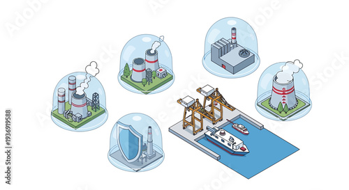 Isometric Industrial Factory Port Scene with Shipyard Icons. Vector Illustrations. EPS Editable