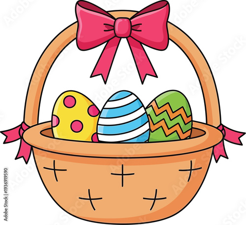 Festive easter basket brimming with three brightly colored and uniquely patterned decorative eggs, perfectly capturing the joyful spirit of spring holiday celebrations.