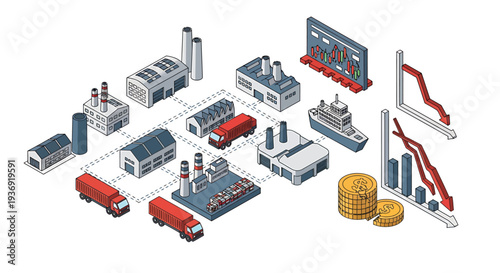 Isometric Industrial Scene with Factories and Freight Vehicles. Vector Illustrations. EPS Editable
