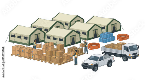 Logistics Warehouse Operation with Trucks and Pallets. Vector Illustrations. EPS Editable