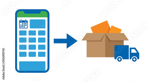 Mobile App Order Delivery From Digital Screen To Box and Truck. Vector Illustrations. EPS Editable