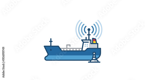 Modern cargo ship with antenna signals across blue ocean. Vector Illustrations. EPS Editable