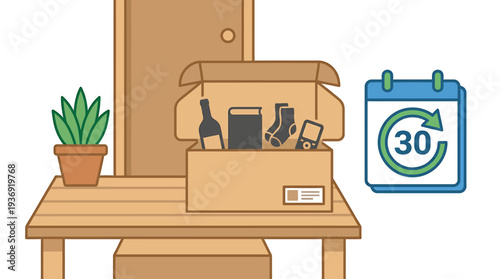 Moving Day Relocation Scene with Packed Boxes and Calendar at Home. Vector Illustrations. EPS Editable
