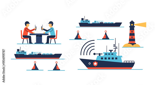 Nautical Ocean Vessels and Lighthouse at Sea. Vector Illustrations. EPS Editable