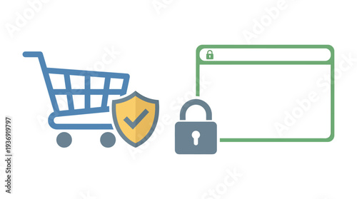 Online Shopping Security Concept With Cart And Lock. Vector Illustrations. EPS Editable