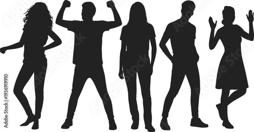 Group of young people silhouettes standing in different casual poses isolated on white background representing lifestyle, friendship, confidence, youth culture and social interaction