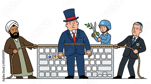 Political Puppets Controlled by Hidden Hand On Keyboard Stage. Vector Illustrations. EPS Editable
