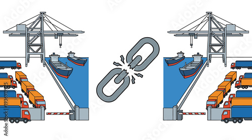 Port Crane Terminal Scene with Containers and Ships. Vector Illustrations. EPS Editable