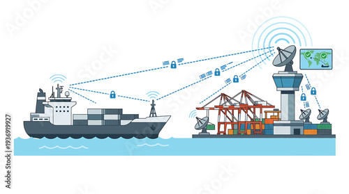 Port Scene with Cargo Ships and Cranes at Harbor. Vector Illustrations. EPS Editable