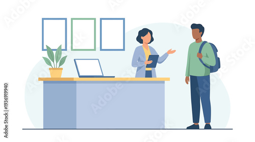 Professional Office Interaction Between Colleagues at Reception. Vector Illustrations. EPS Editable