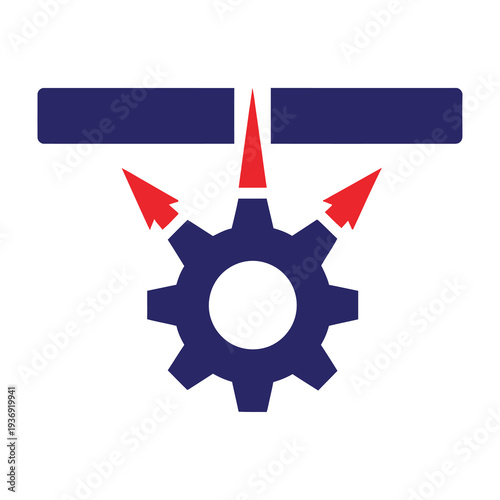 Blue gear and horizontal bar with red arrows pointing downwards on white background symbolizing engineering mechanics and industrial processes