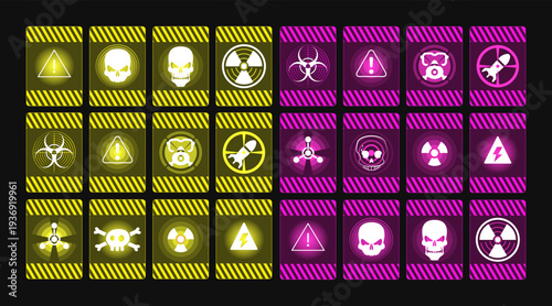 Warning windows about radiation hazard, high voltage, nuclear radiation caution, toxic, radioactive hazard, virus.