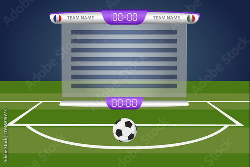 Football team scoreboard. Football or soccer cup players statistics table board on playing field background design. Global stats soccer broadcast graphic