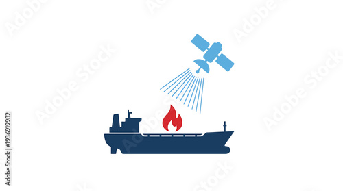 Rescue Ship Fire Onboard With Satellite Antenna Illustration. Vector Illustrations. EPS Editable