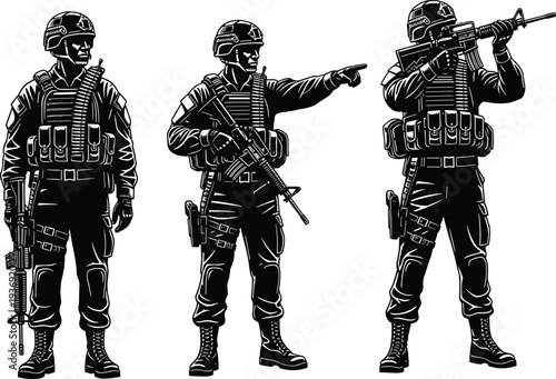 Black and white vector illustration of three armed tactical soldiers in combat gear, rifles ready, military defense strategy teamwork coordination silhouette design