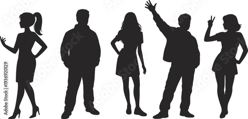 Group of young people silhouettes posing and gesturing isolated on white background representing social interaction, modern lifestyle, friendship and casual youth culture