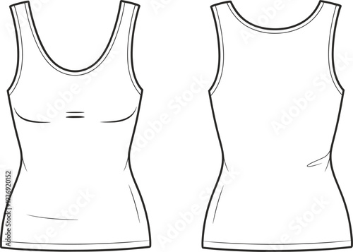 Women tank top front and back view outline template, sleeveless shirt apparel mockup for fashion design, clothing branding, garment production and textile illustration