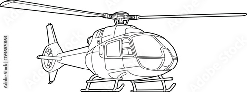 Helicopter line art illustration with detailed rotor and cabin design isolated on white background representing aviation transport, rescue service and aircraft technology