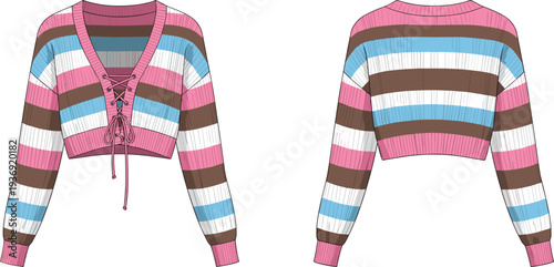 Colorful Striped Cropped Cardigan with Lace Up Front Detail, Long Sleeve Knitted Sweater Mockup for Women, Fashion Apparel Flat Vector Illustration.