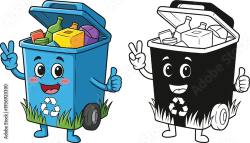 Cute blue recycling bin mascot character with smiling face and thumbs up, waste management illustration for environmental conservation, isolated background