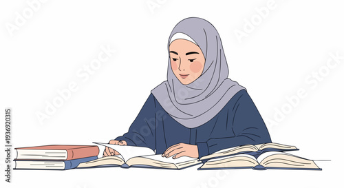 Young Muslim woman in hijab diligently studying books, engaged in learning and education, surrounded by knowledge, representing academic pursuit and student life.