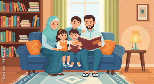 Happy Muslim family enjoys reading books together on a cozy living room sofa. Parents and children share educational bonding moments at home, fostering learning and togetherness.