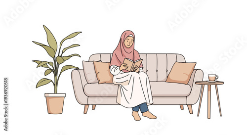 Young Muslim woman wearing hijab reading a book on a comfortable sofa in a cozy living room with a plant and coffee table.