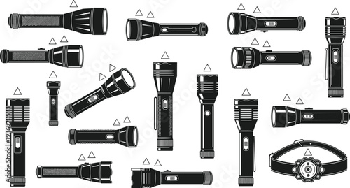 Black and white vector silhouette icons of flashlights and headlamp designs showing various shapes, buttons, grips, and lens styles in grid