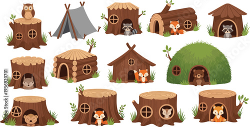 Whimsical illustration of woodland animal homes designed as tree stumps, logs, and natural shelters with owl, raccoon, fox, bear, monkey, and deer characters