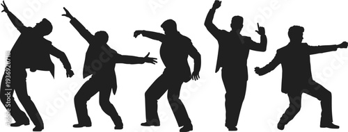 Male dancers silhouettes performing energetic modern dance poses isolated on white background representing music party, celebration, nightlife and entertainment concept